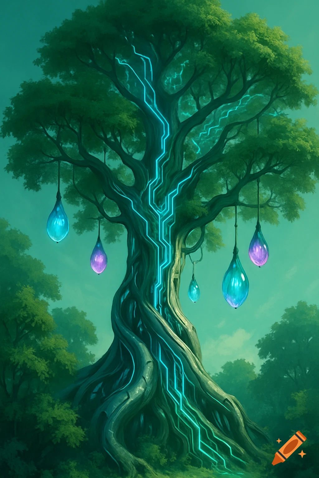 A majestic fantasy tree with glowing blue circuit lines on its trunk and branches, adorned with luminous teal and purple orbs.