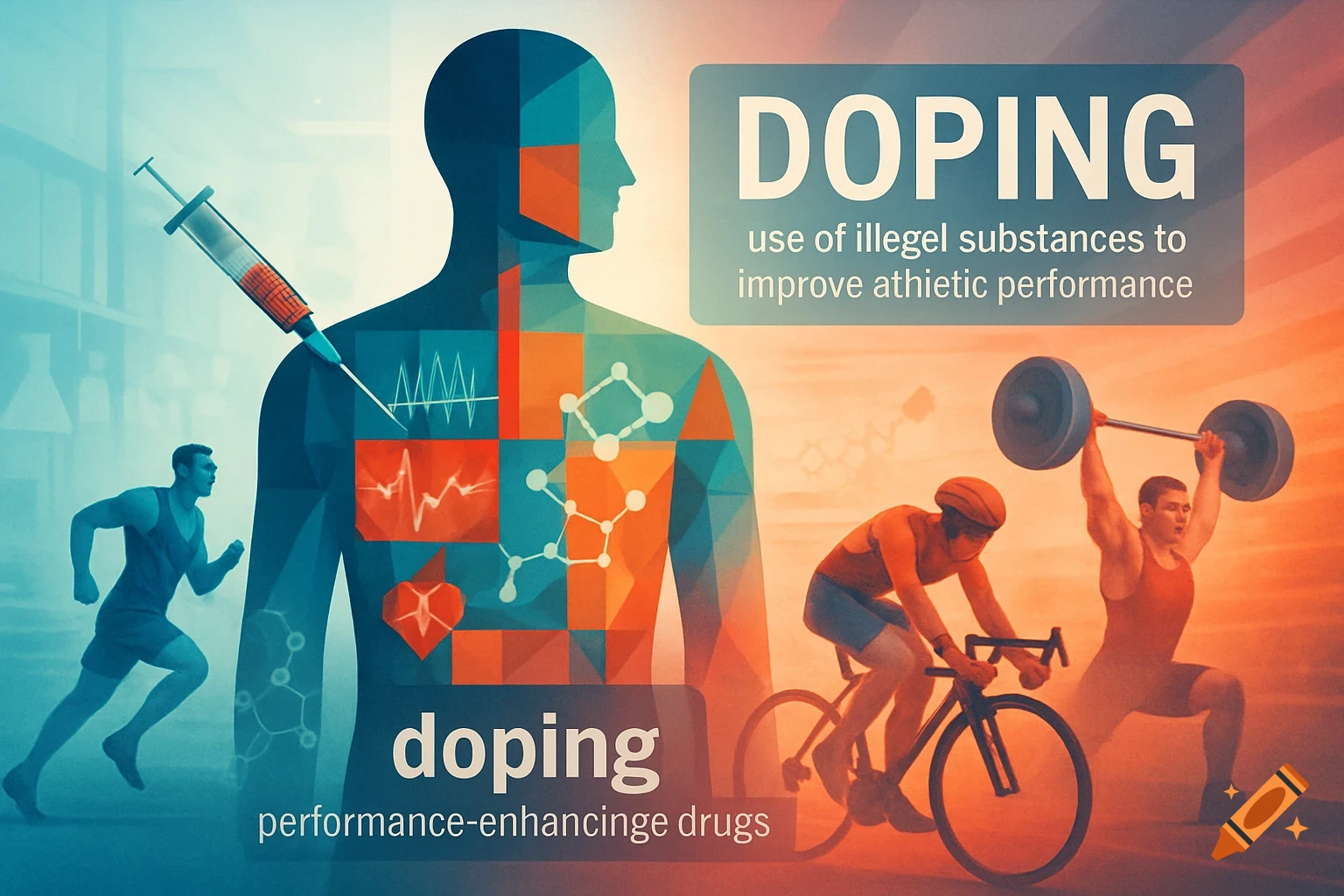 Abstract infographic illustrating doping with a silhouette, syringe, geometric patterns, and athletes (runner, cyclist, weightlifter).