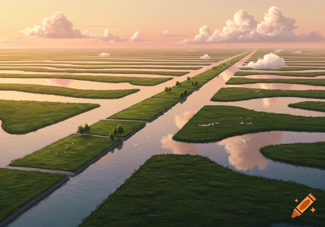 Aerial view of a vast estuary with green land strips and waterways under a pastel sunset sky with clouds.