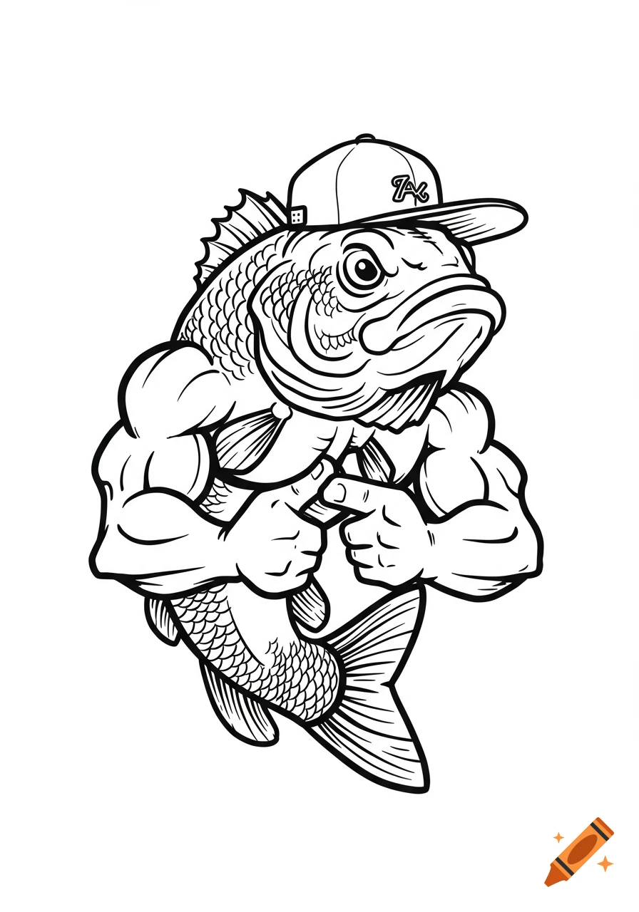 Line art illustration of a muscular bass fish wearing a baseball cap with a 'TX' logo, flexing its arms and pointing.