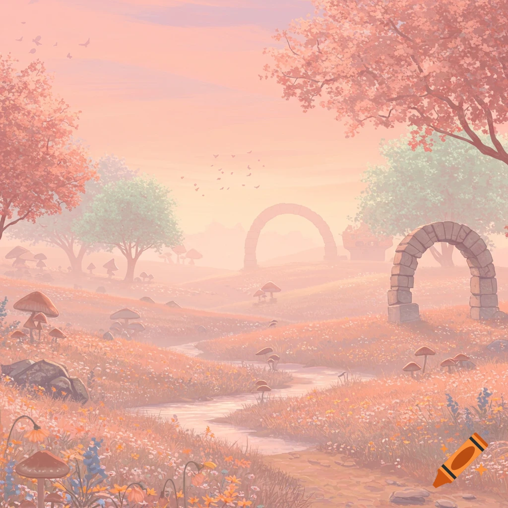 Dreamy, whimsical landscape with a winding path, mushrooms, pastel trees, and ancient stone arches under a soft sky.