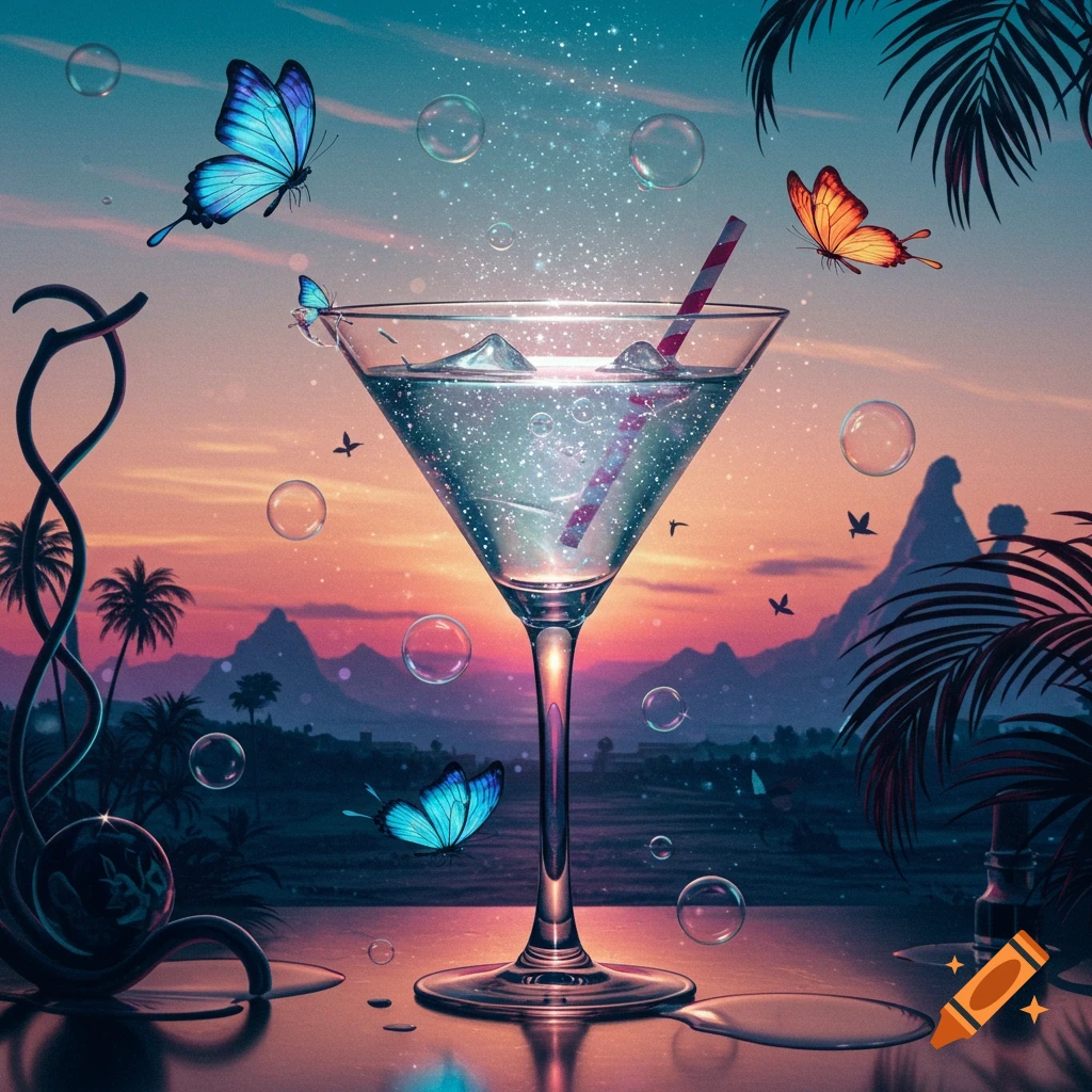 Surreal painting of a sparkling cocktail glass with a straw, blue and orange butterflies, bubbles, against a vibrant sunset sky with palm trees and mountains.