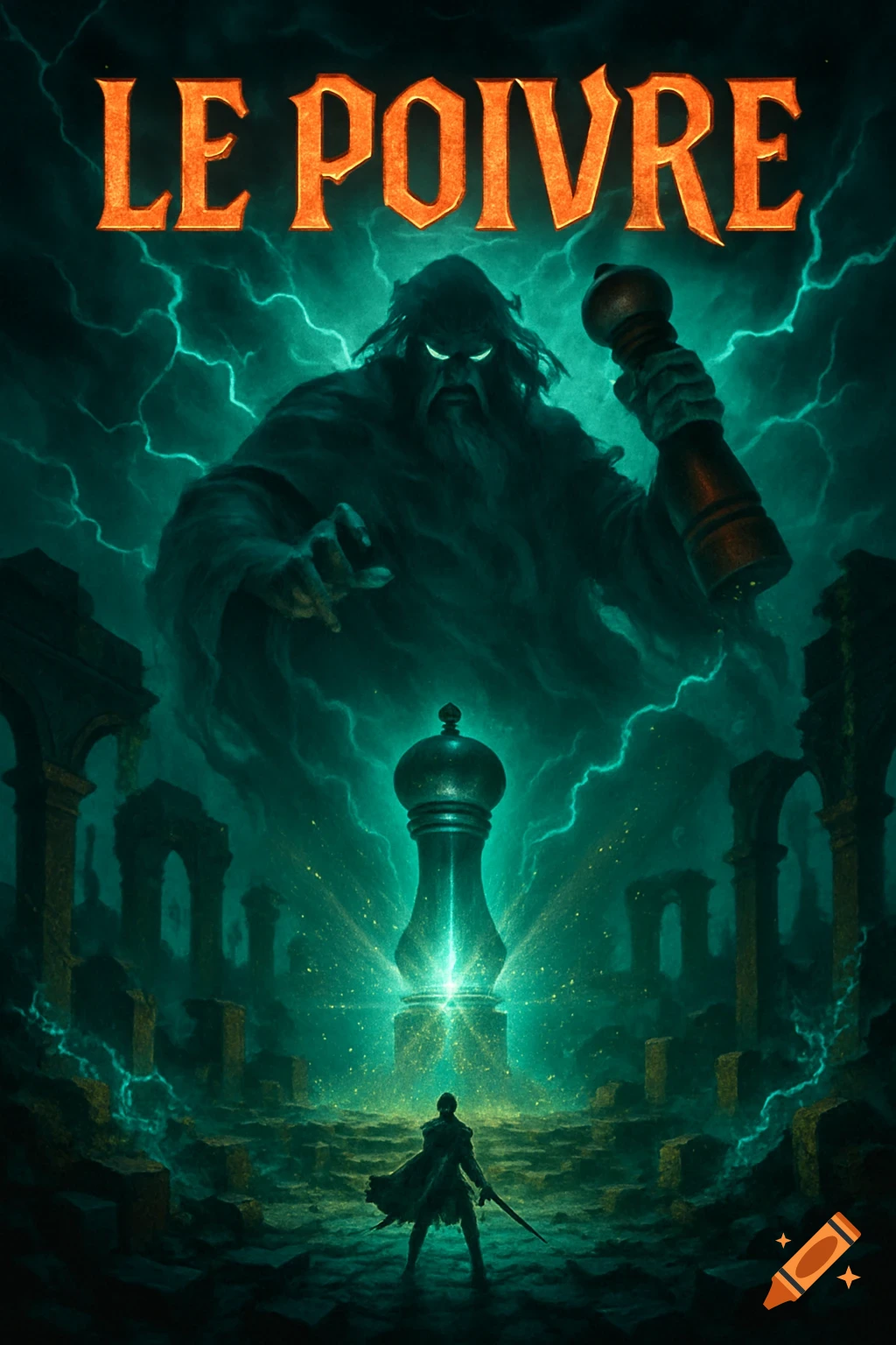 Dark fantasy poster with a giant shadowy figure holding a pepper mill over a small hero in ruins, with text "LE POIVRE".