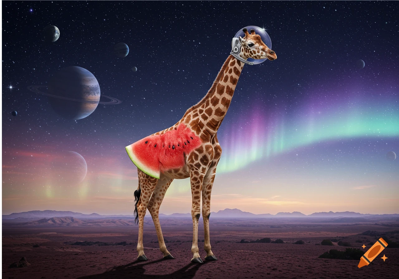 A giraffe in a space helmet with a watermelon body on an alien planet under an aurora-lit sky.