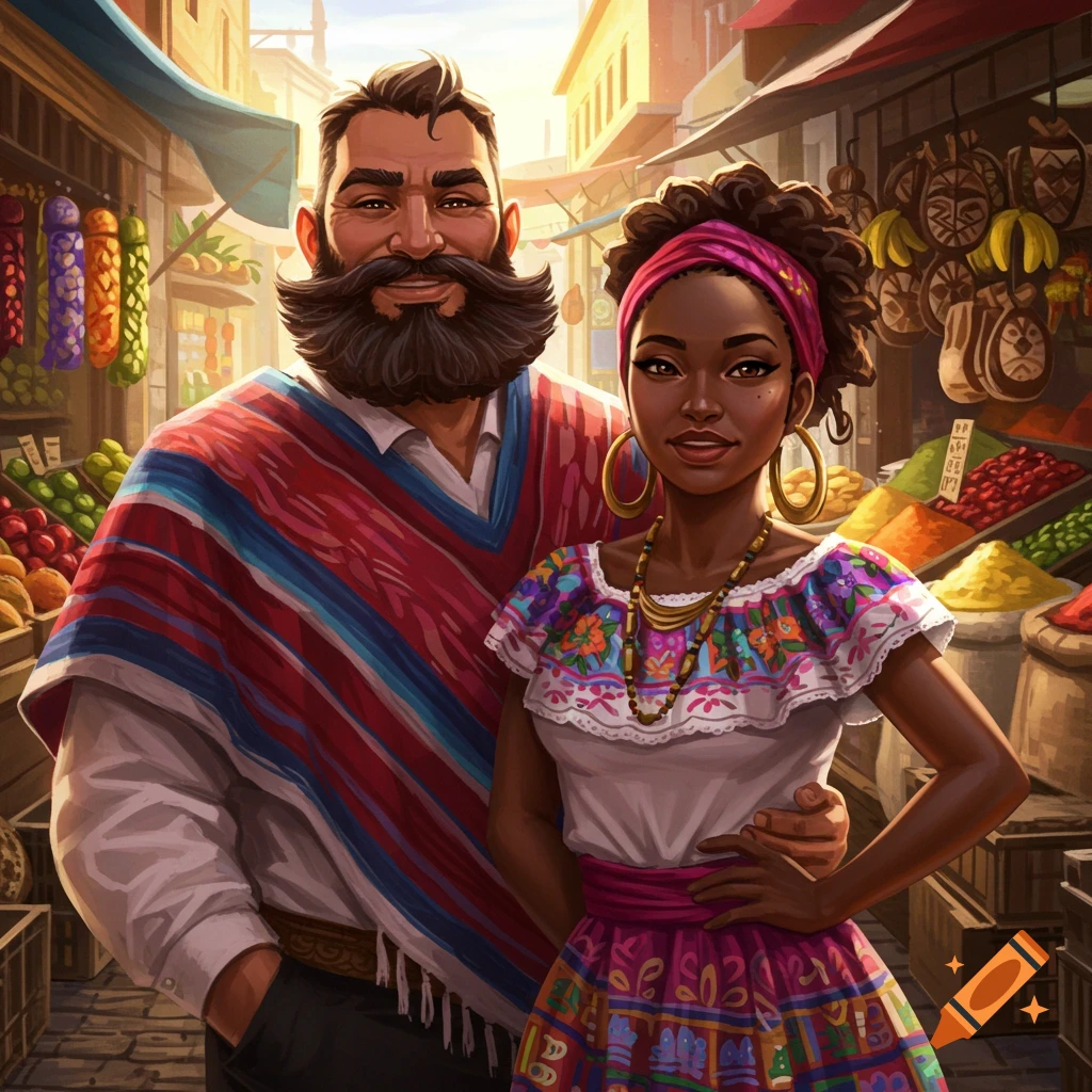 A bearded man in a serape and a woman in a colorful embroidered dress pose happily in a vibrant outdoor market.