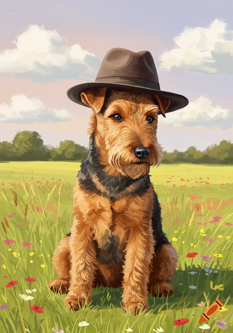 A charming illustration of a brown and black terrier dog wearing a fedora hat, sitting in a sunlit field of green grass and wildflowers.
