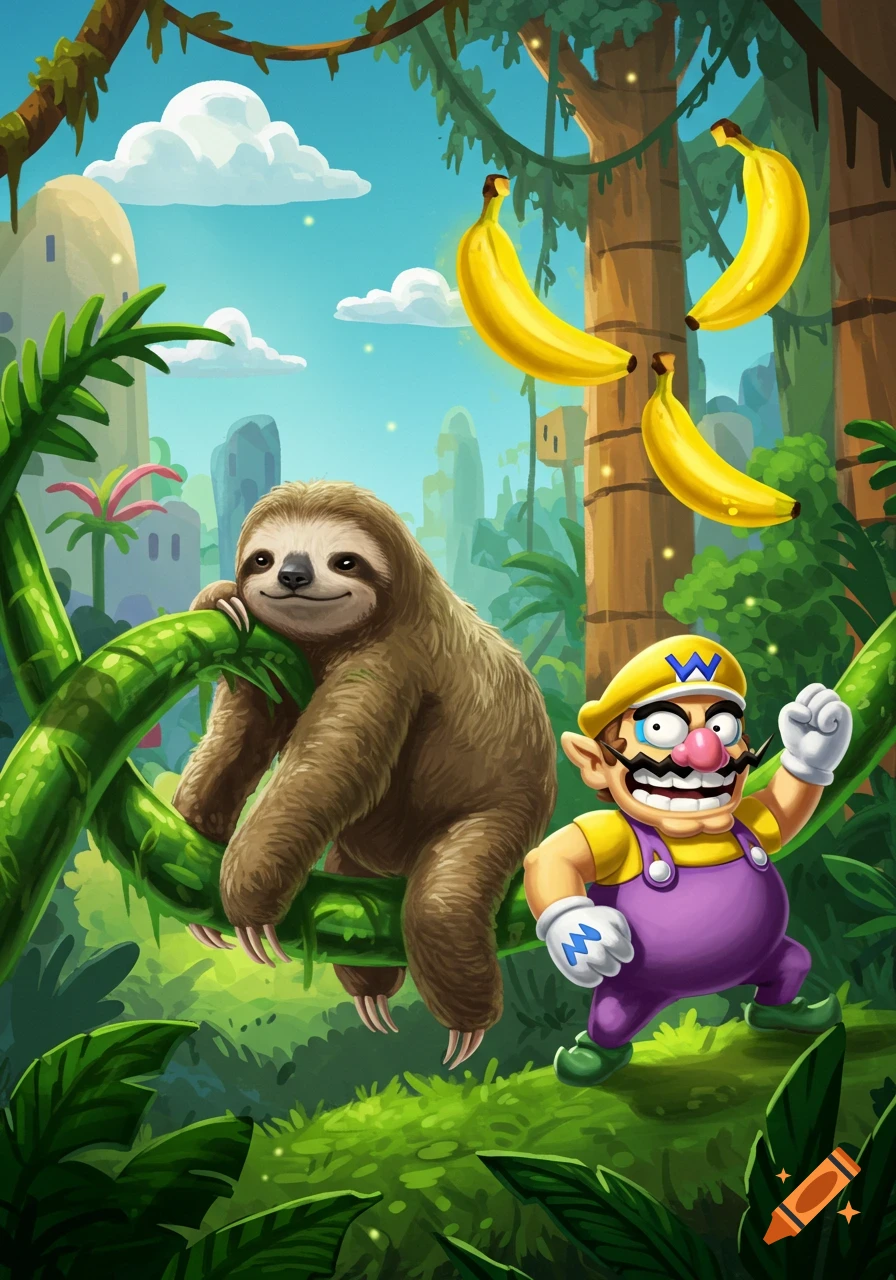 A smiling sloth sits on a green vine next to Wario, who flexes his arm, in a vibrant jungle with bananas.