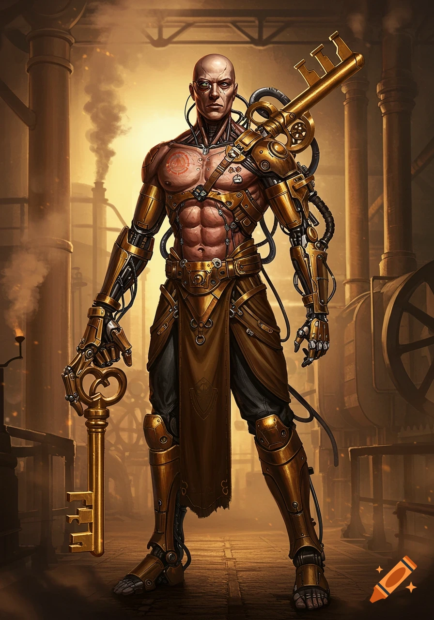 A bald, muscular man with golden mechanical limbs and armor, holding a large golden key. He stands in an industrial steampunk setting.