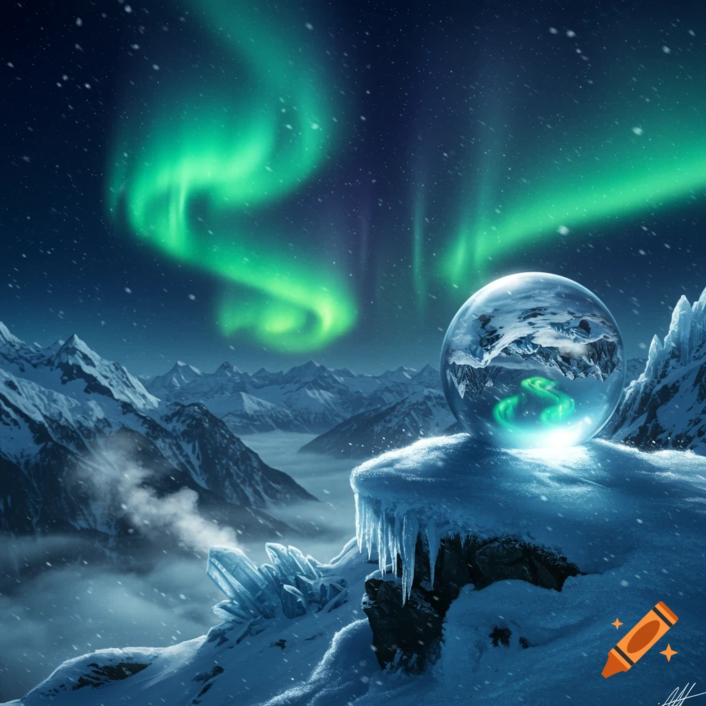 A glowing crystal ball on a snowy mountain peak, reflecting the green aurora borealis in a dark night sky over a vast winter landscape.