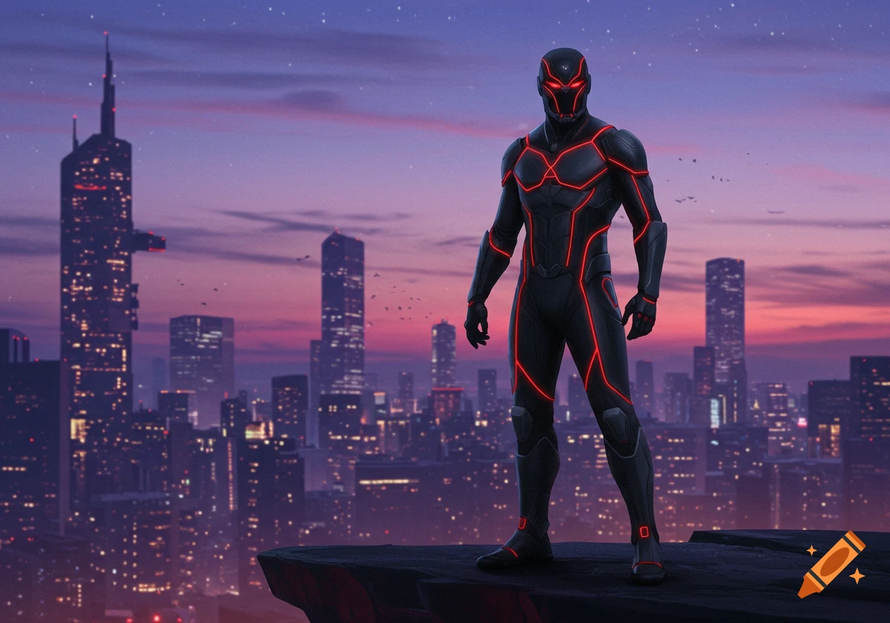 A dark armored supervillain with glowing red lines and eyes stands on a rooftop overlooking a futuristic city at sunset.