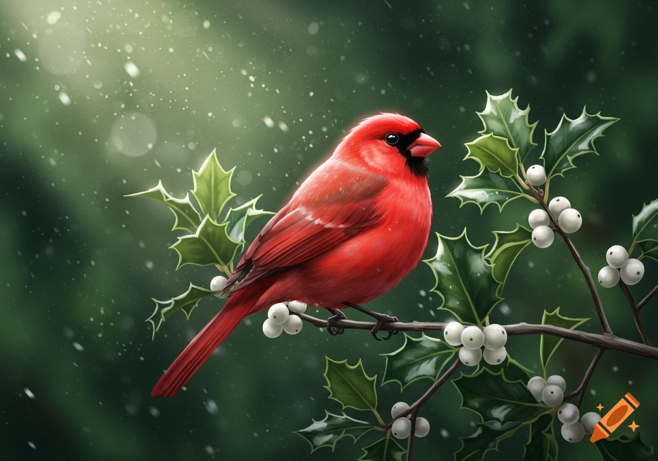 A vibrant red cardinal perches on a holly branch with white berries, as gentle snow falls in a soft-focus forest.