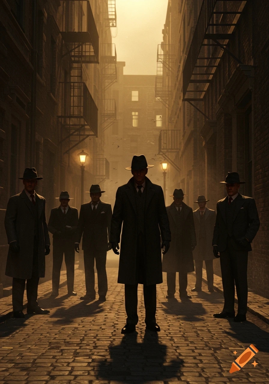 A group of men in fedoras and trench coats stand on a cobblestone street in a dimly lit urban alley, creating a film noir atmosphere.
