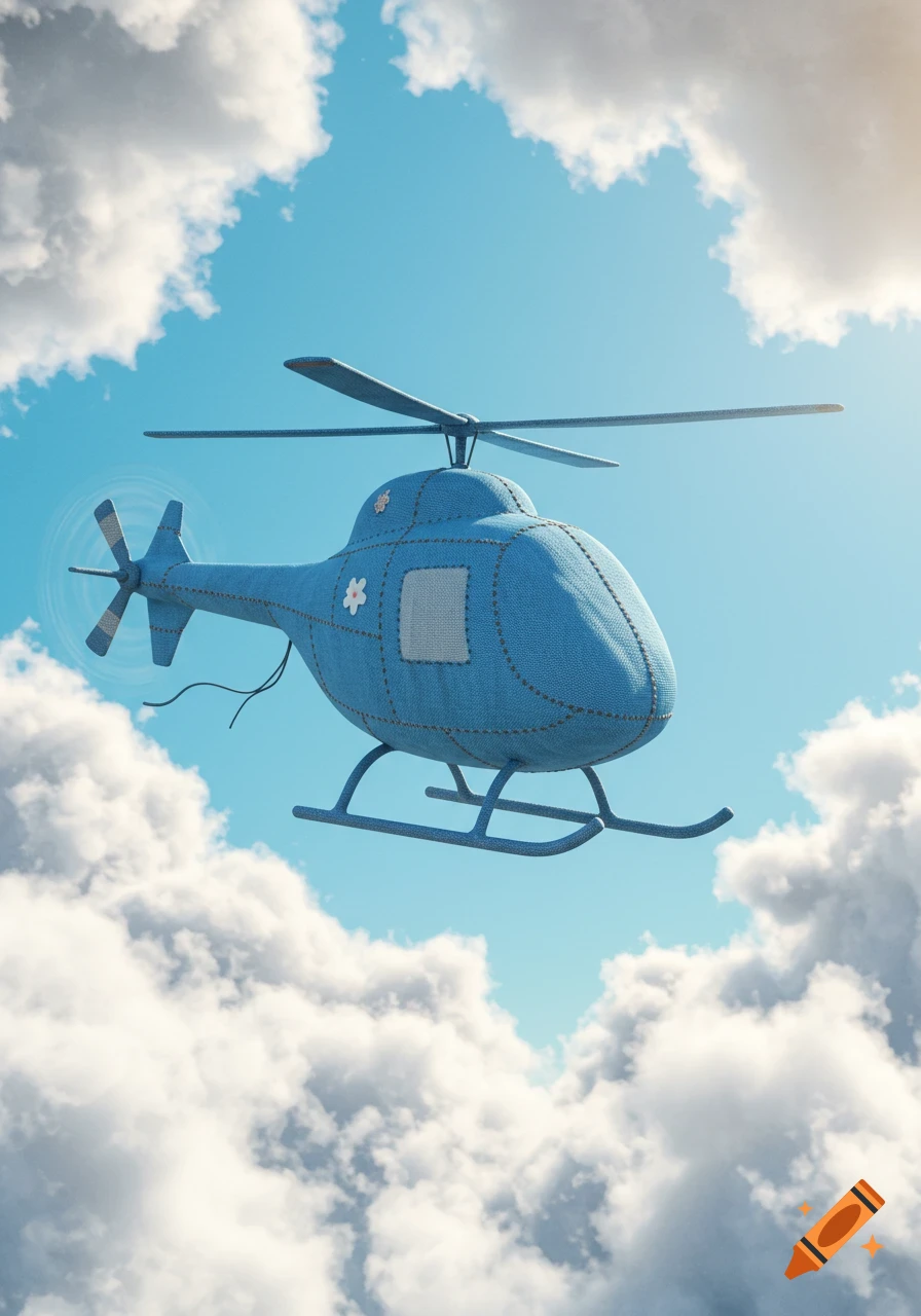 A whimsical blue fabric helicopter with visible stitching and a flower detail flies in a bright sky with white clouds.