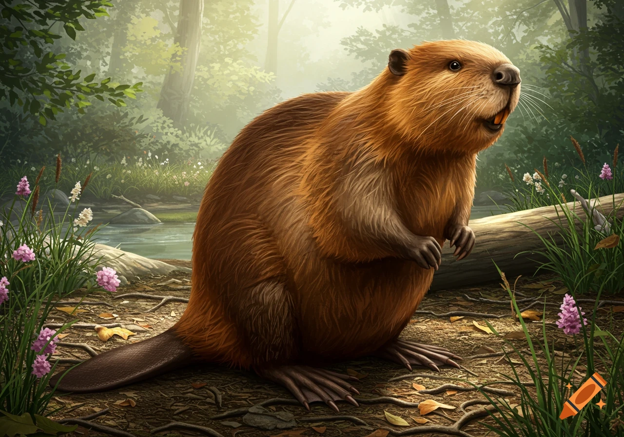 A brown beaver sits on a forest floor next to a stream, surrounded by green foliage and purple flowers, in an illustration style.