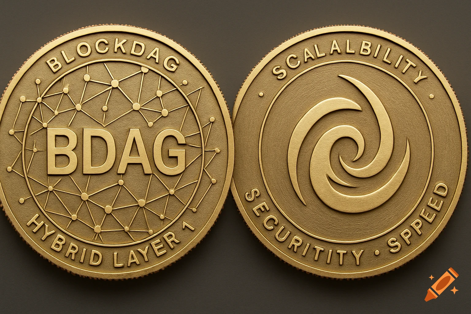 Two shiny golden coins, one with a 'BDAG' logo and a network, the other with a spiral design and text on the rim.