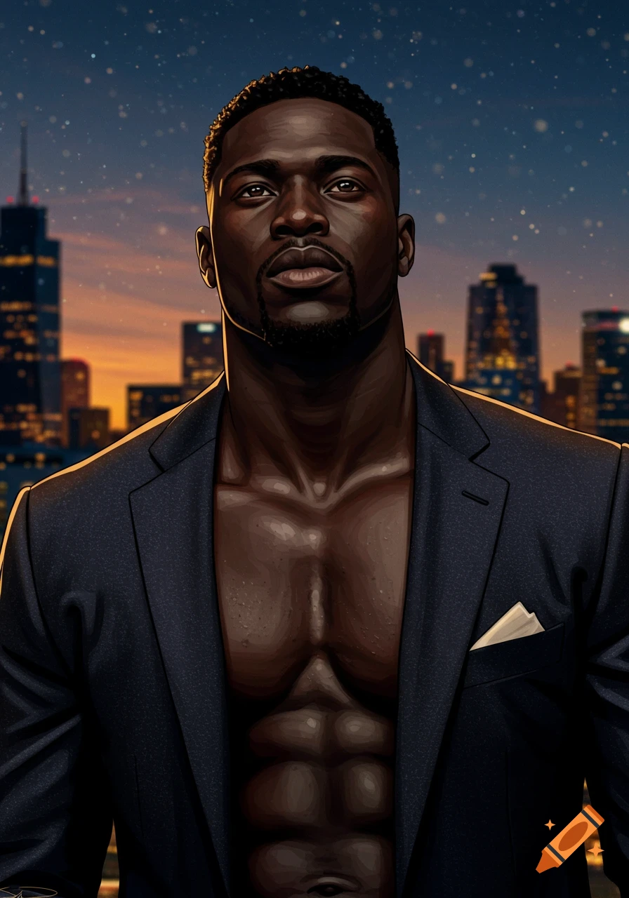 Stylized illustration of a muscular Black man in an open suit jacket against a city skyline at sunset.