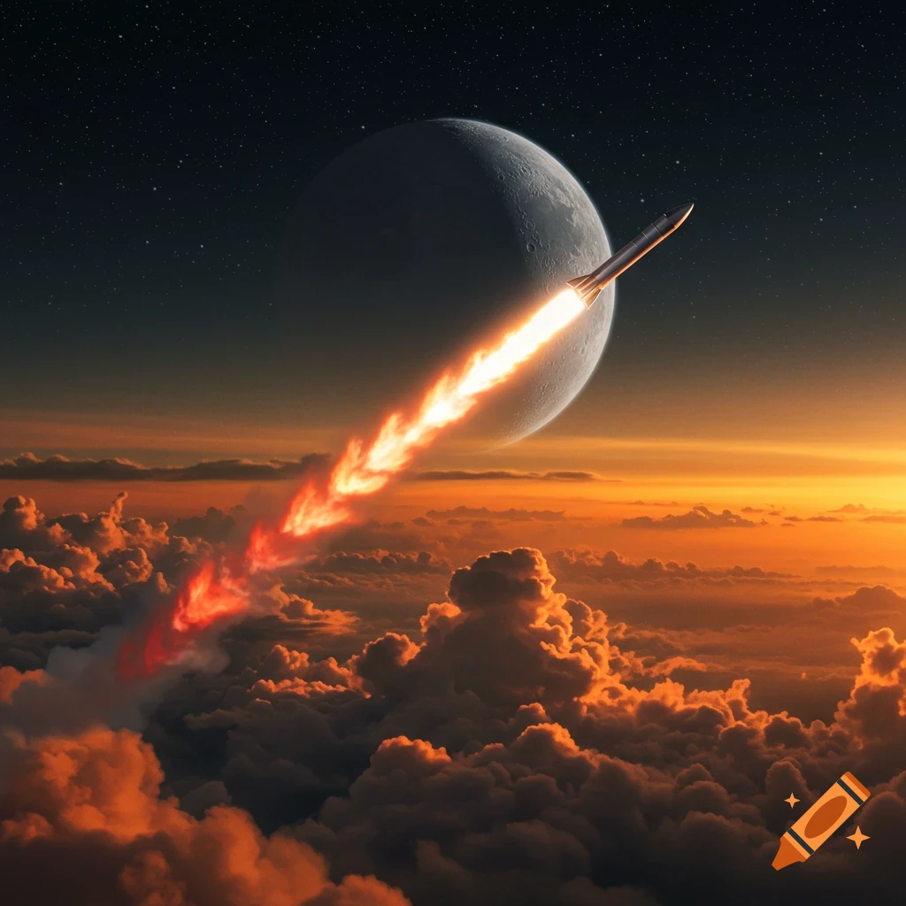 A rocket with a fiery exhaust trails upwards towards a large moon above a dramatic sunset cloudscape.