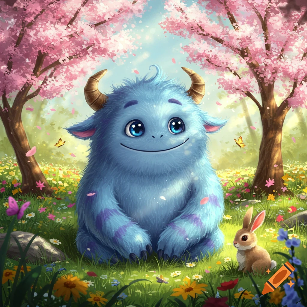 A friendly, fluffy blue monster with horns sits in a vibrant spring forest surrounded by cherry blossoms, wildflowers, and a rabbit.
