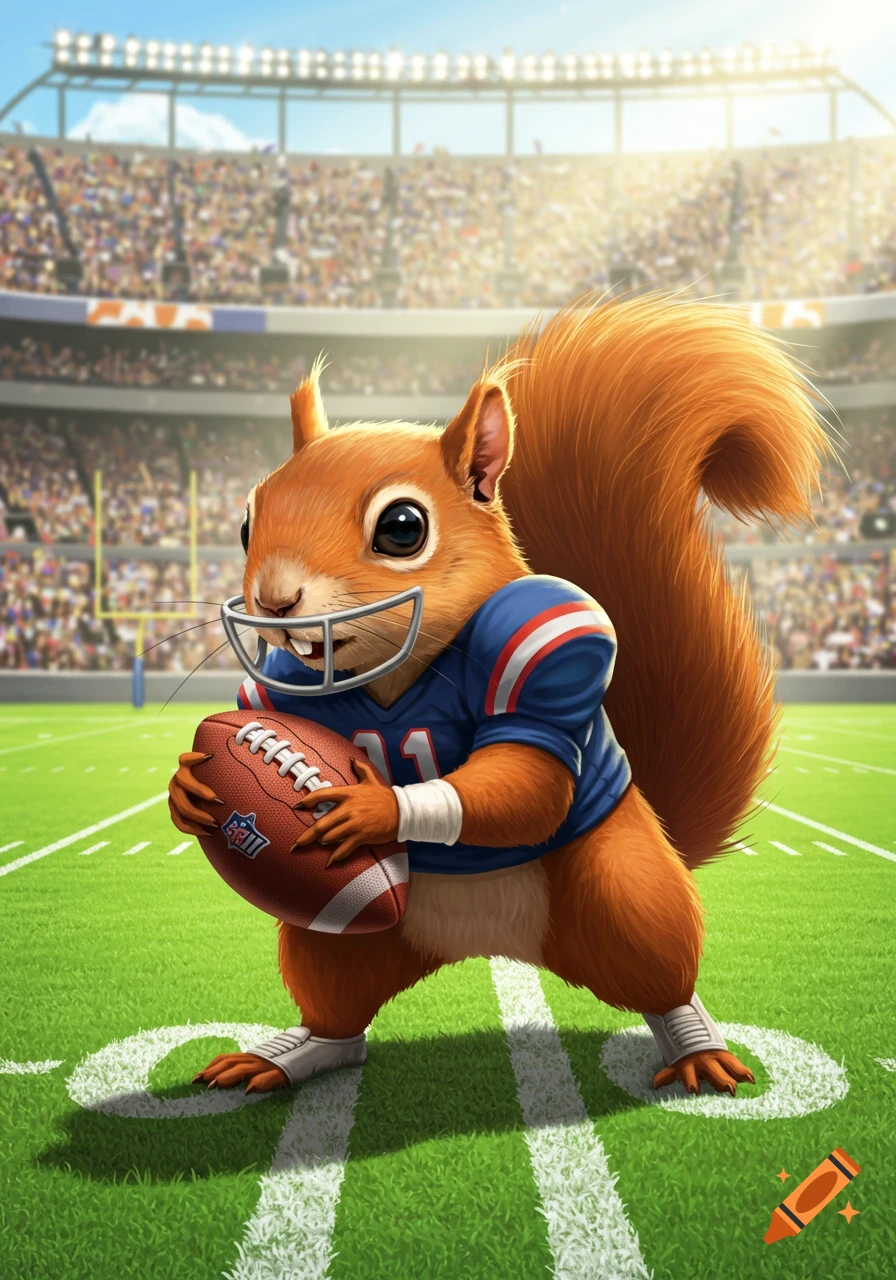 A cute, cartoon-style squirrel in a blue football uniform holding a football on a stadium field.