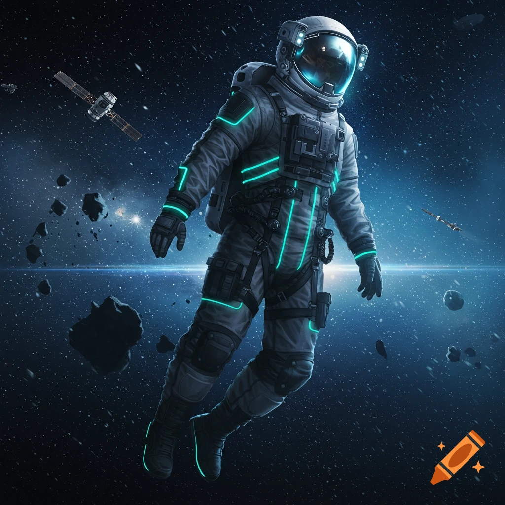 A stylized astronaut in a dark grey suit with glowing turquoise accents floats in space, surrounded by asteroids and distant stars.