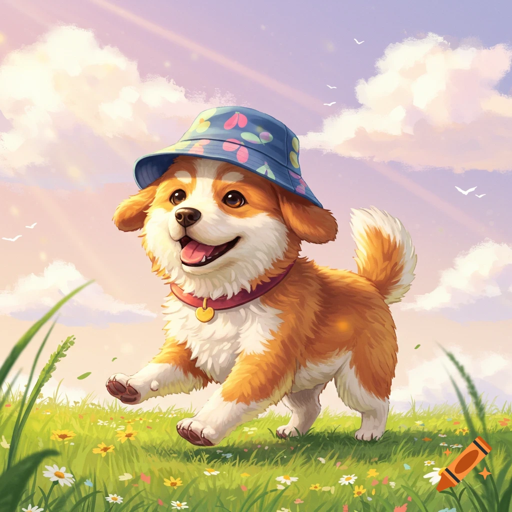 A cute, fluffy brown and white puppy in a blue polka-dot bucket hat prances in a sunny, flowery field. Cartoon illustration.