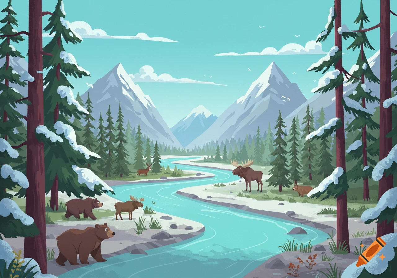 A cartoon Alaskan wilderness scene with a river, snow-dusted pine trees, towering mountains, bears, moose, and deer.