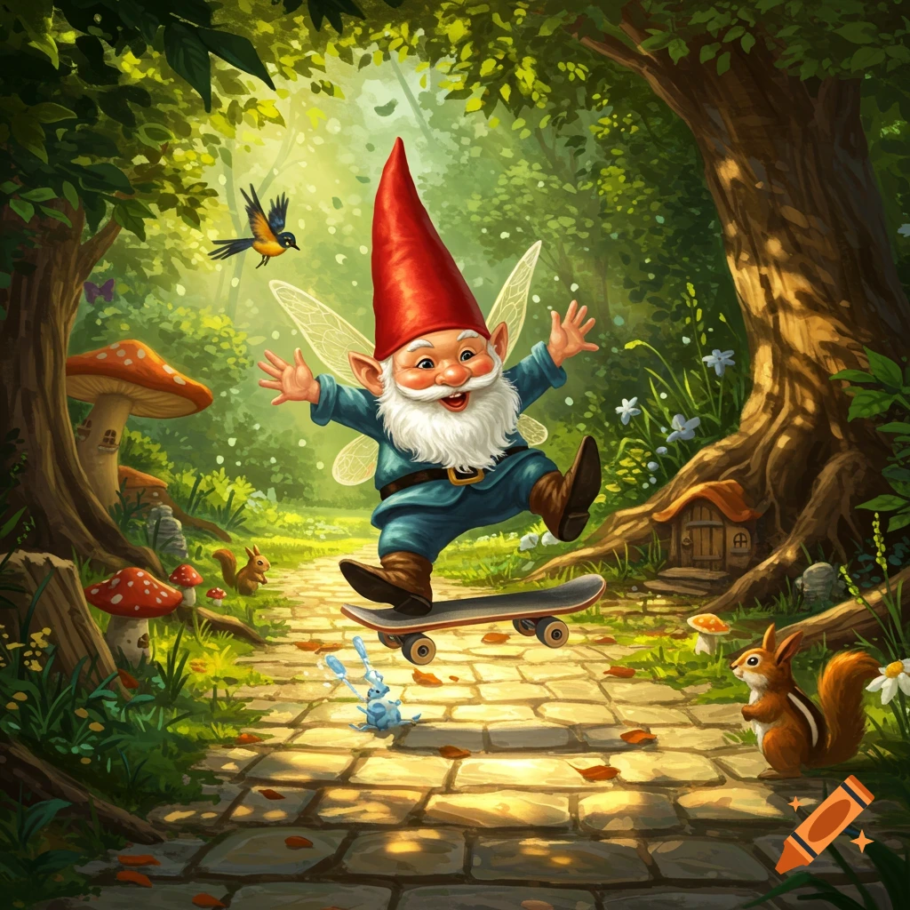A cheerful, fairy-winged gnome with a red hat kickflips on a skateboard in a vibrant, cartoon forest with squirrels and mushrooms.
