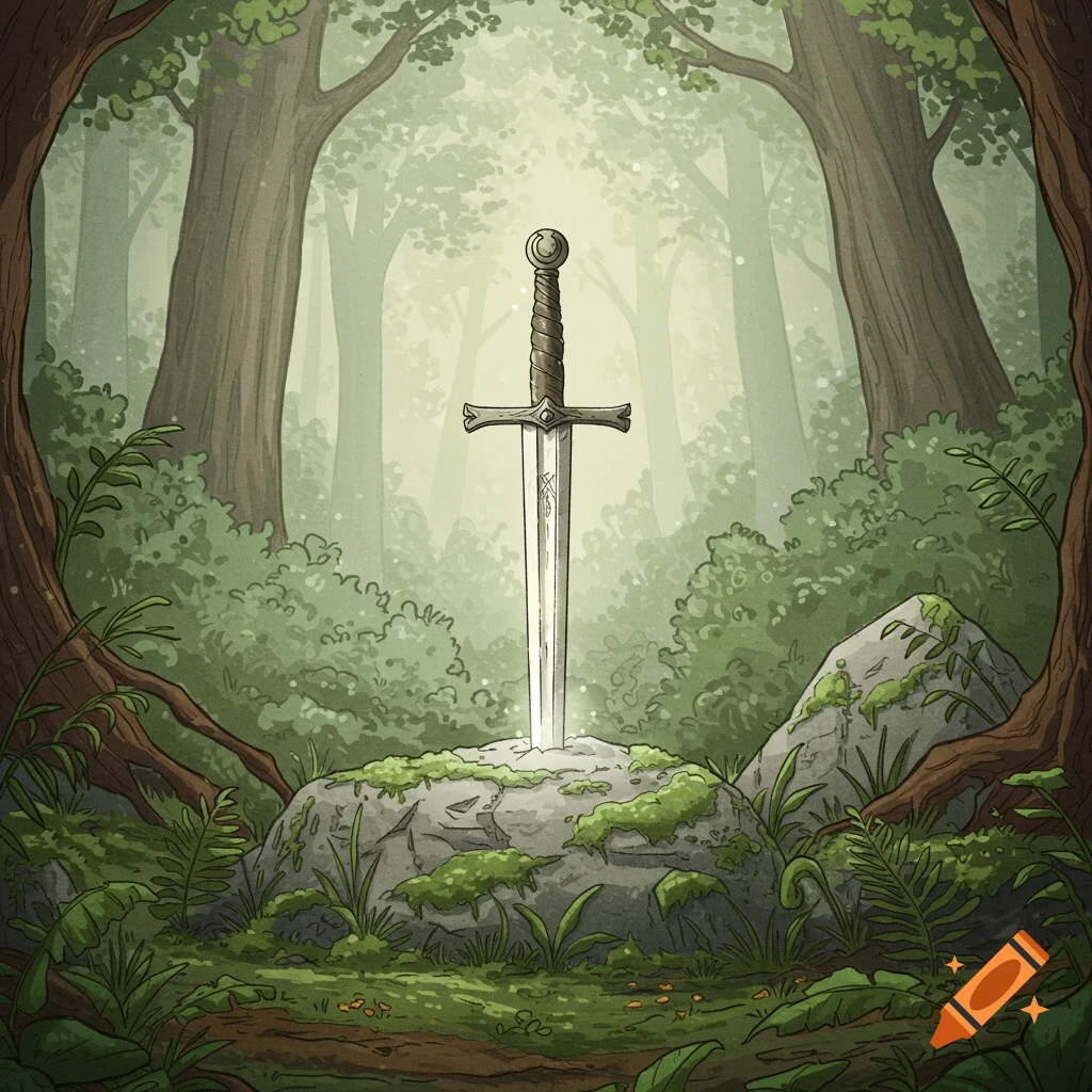 A stylized illustration of a medieval sword, Excalibur, plunged into a moss-covered rock in a misty, lush forest.