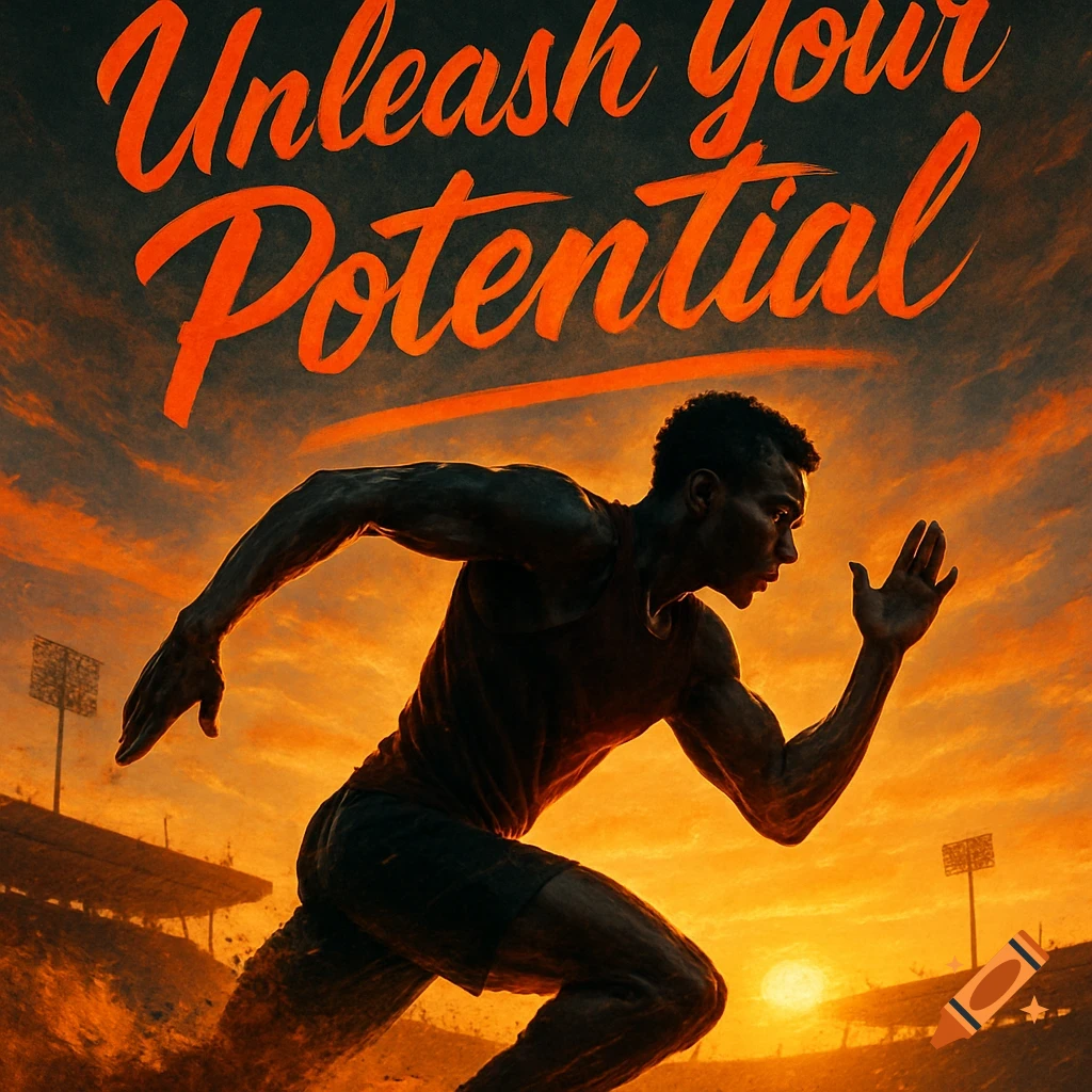 A determined male runner sprints on a track under an orange sunset, with "Unleash Your Potential" text above.