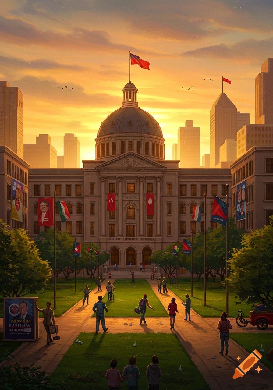 A grand government building with a dome at sunset, flanked by city buildings and a park with people, flags, and political posters.