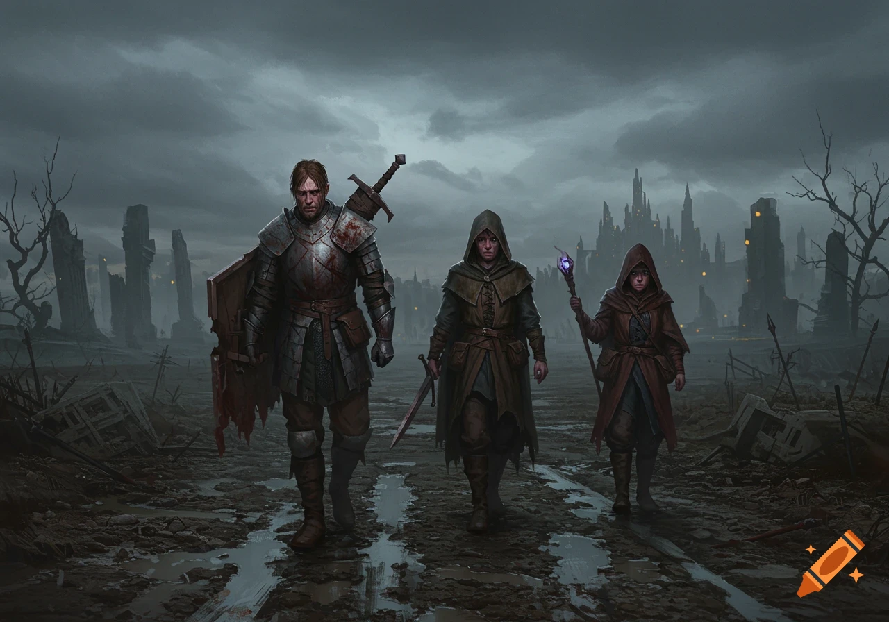 Three weary adventurers, a knight and two hooded figures, walk through a muddy, ruined landscape under a grey sky.