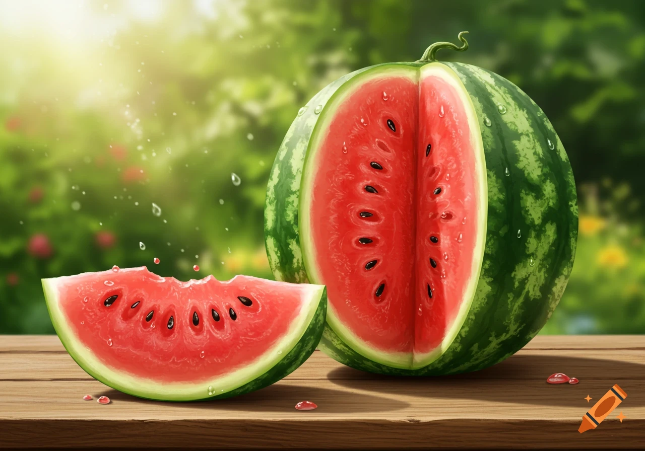 Photorealistic image of a sliced watermelon and a wedge on a wet wooden table, with a sunny green background.
