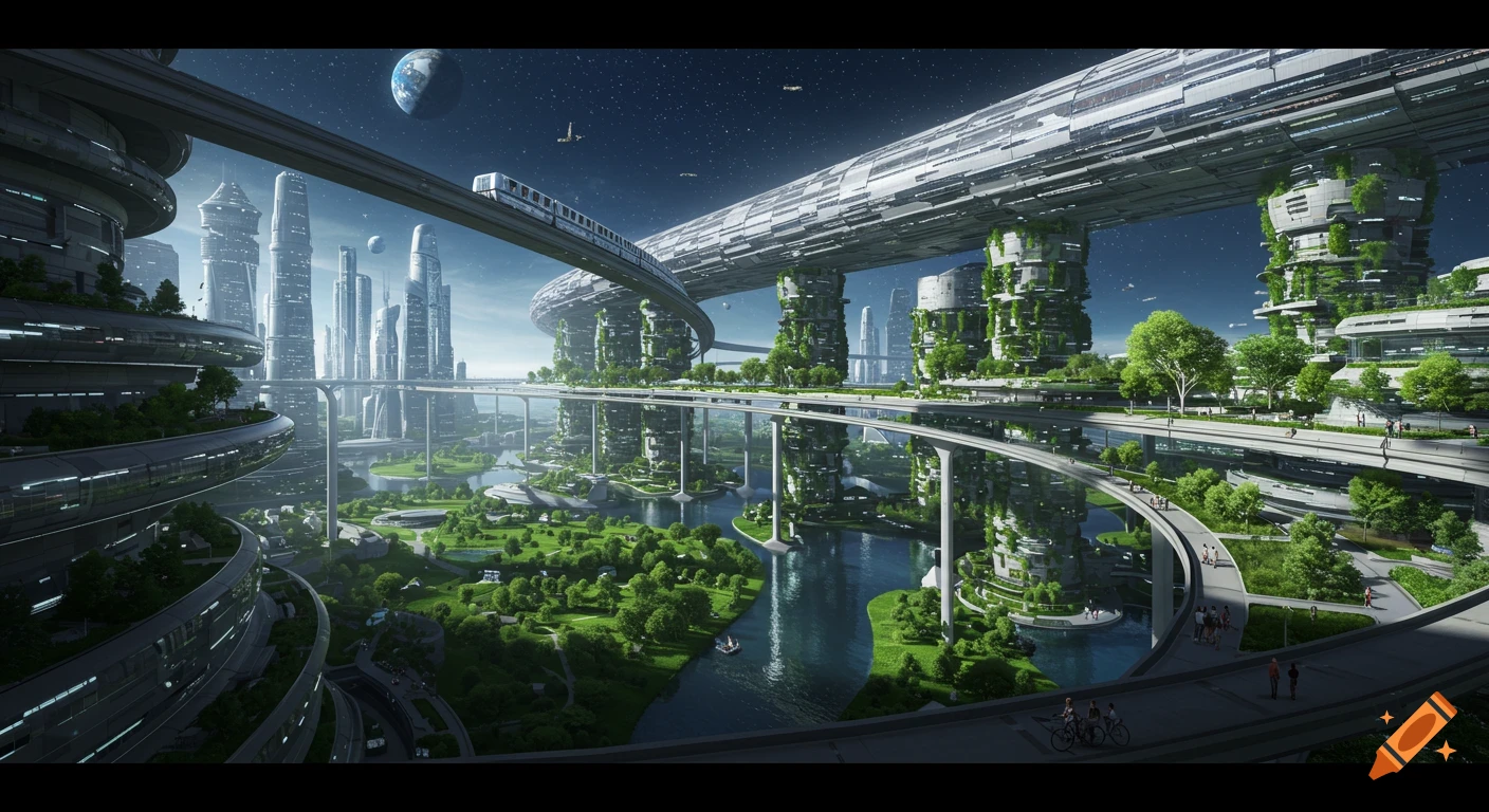 Vibrant, ultra-detailed futuristic cityscape in a space station with green towers, rivers, monorails, and Earth in the sky.