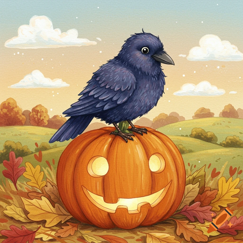 A cute dark blue crow sits atop a grinning orange jack-o-lantern, surrounded by colorful autumn leaves, in a children's book illustration style.