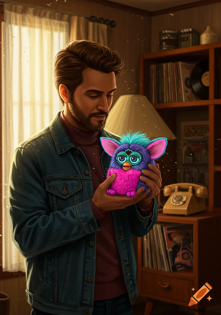 A man with a beard in a denim jacket holds a vibrant pink and purple Furby toy in a warm, detailed room.
