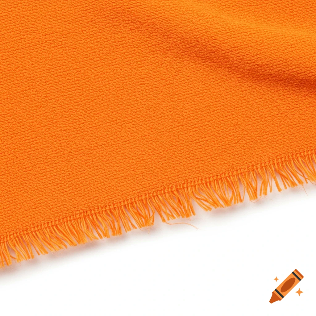Bright orange jersey fabric with a frayed edge on a white background, viewed from above.
