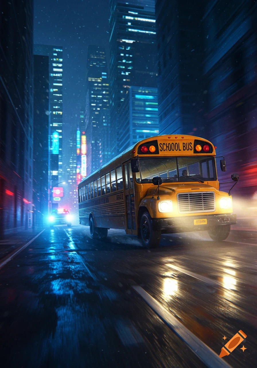 A yellow school bus drives through a neon-lit city street at night, reflecting off the wet pavement, with a police car behind it.