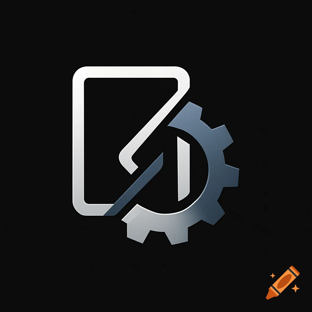 A stylized logo with a white outline shape intersecting a gray gear, all on a black background. The design has a mechanical look.