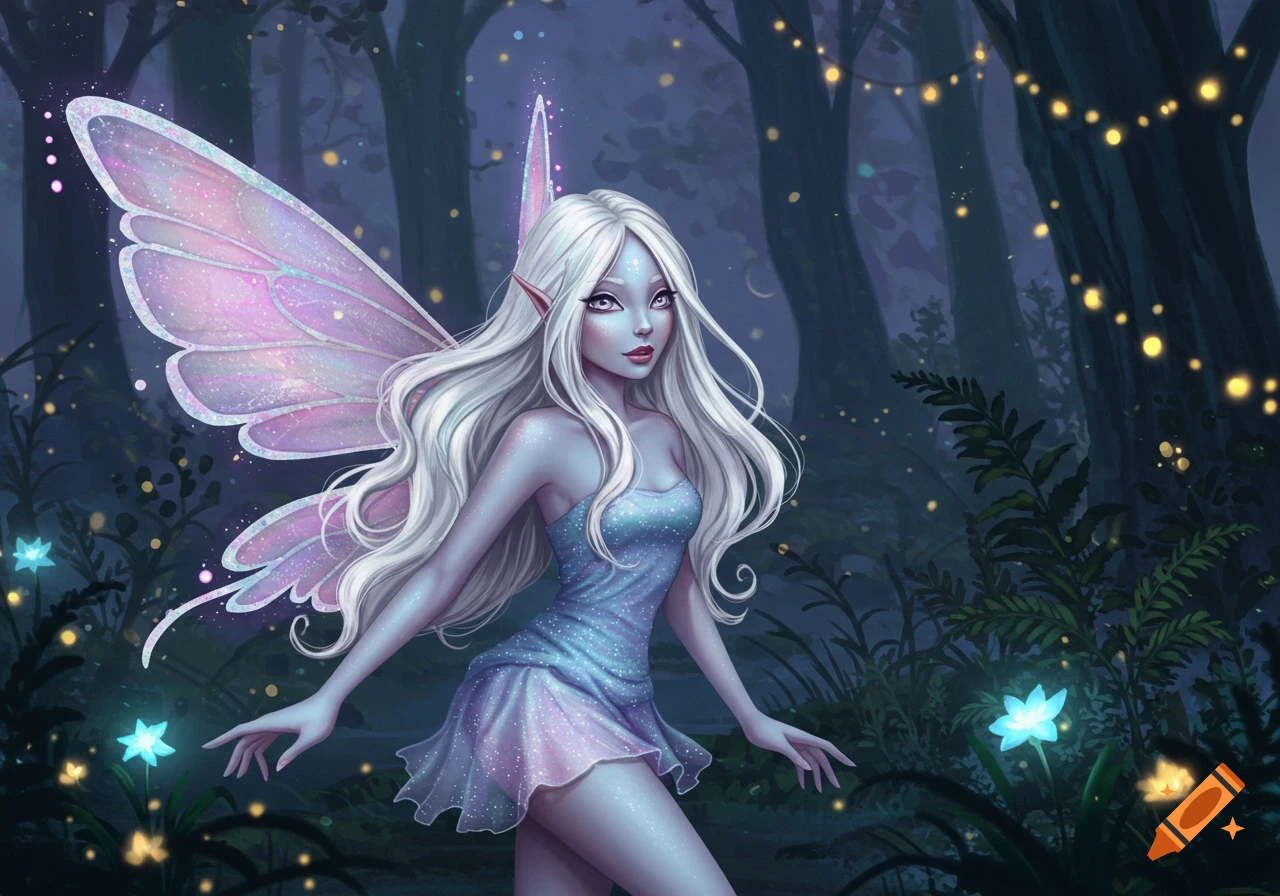 A beautiful fairy with long silver-white hair, lilac wings, and a blue dress stands in a magical, dark forest with glowing flowers.