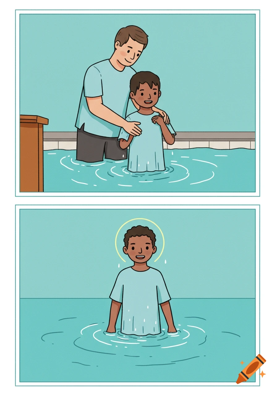 Two-panel cartoon of an adult baptizing a child, followed by the child standing in water with a halo.