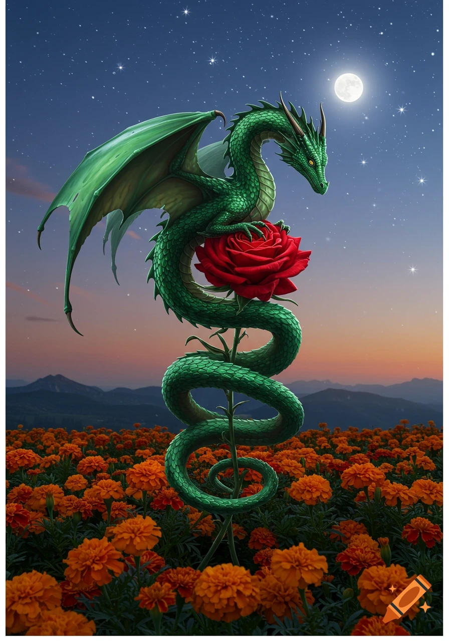 An emerald green dragon coiled around a red rose in a field of orange marigolds under a starry twilight sky with a full moon, in a fantasy painterly style.