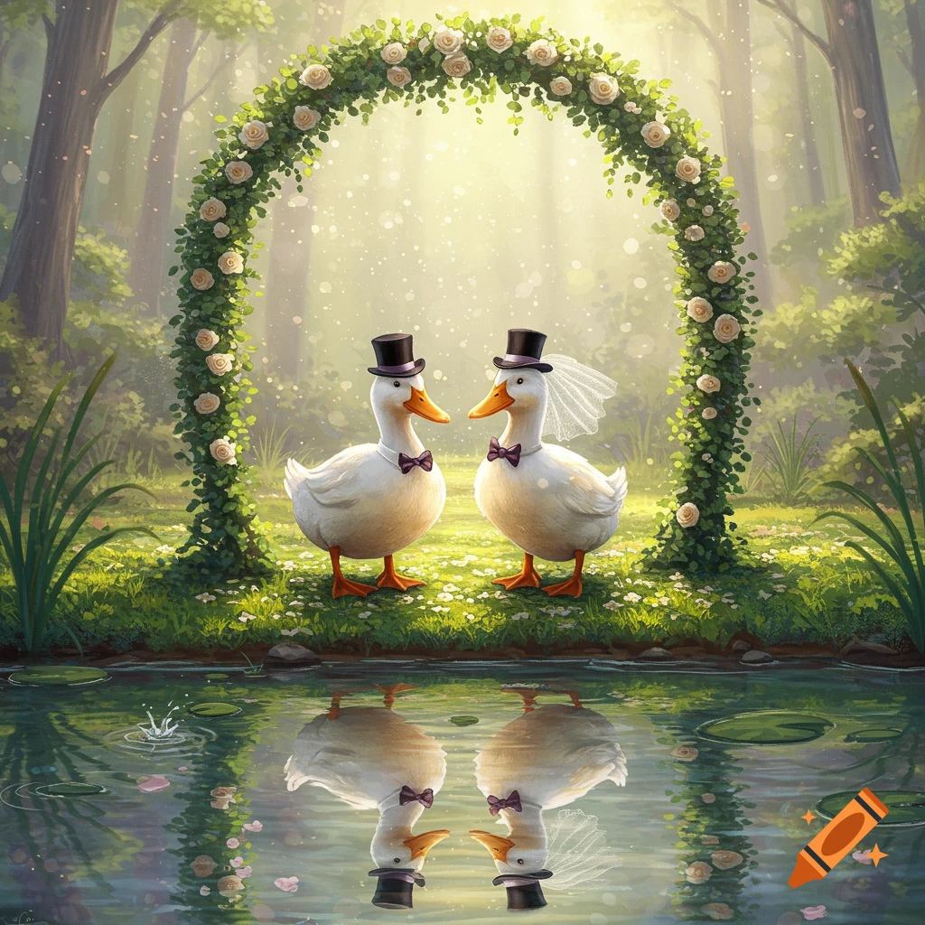 Two white ducks in top hats and a veil stand under a rose arch by a pond in a whimsical, sunny forest illustration.
