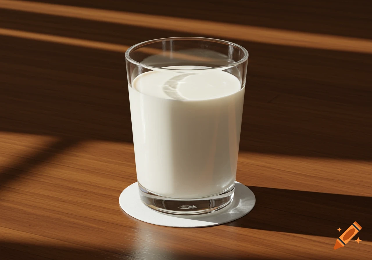 A glass of milk sits on a white coaster on a brown wooden table, bathed in sunlight.