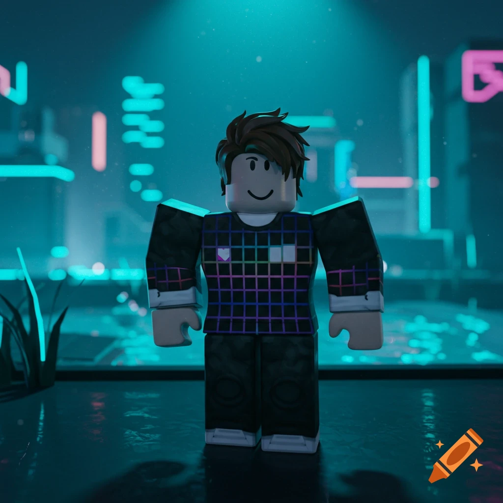A 3D rendered Roblox character in a black and colorful grid shirt stands in a neon-lit cyberpunk city at night.