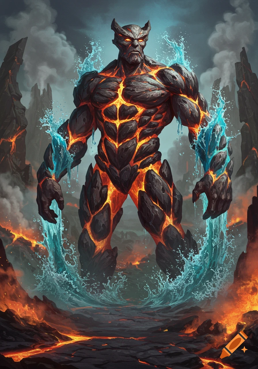 Muscular elemental creature of rock and lava, with splashing water, stands in a volcanic landscape.