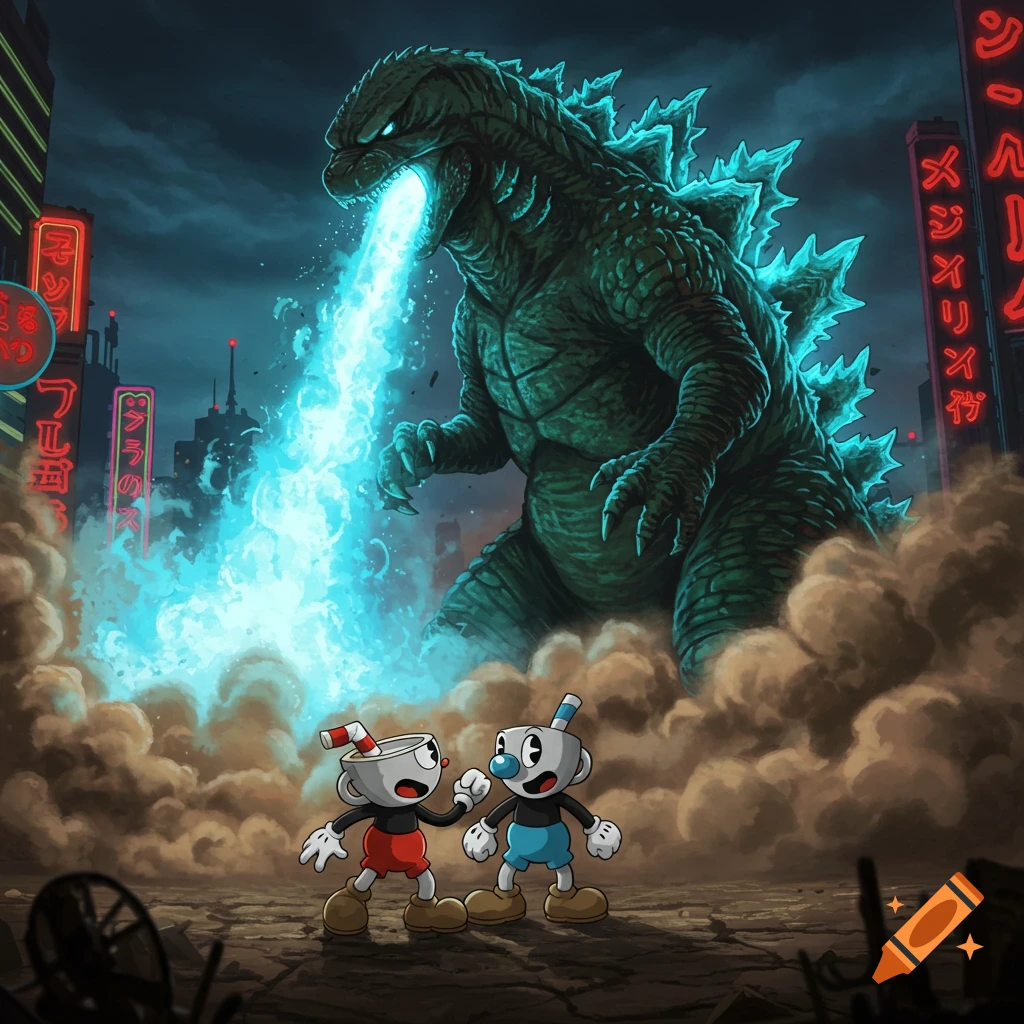 A giant Godzilla breathes blue atomic fire over Cuphead and Mugman in a ruined city with neon signs.
