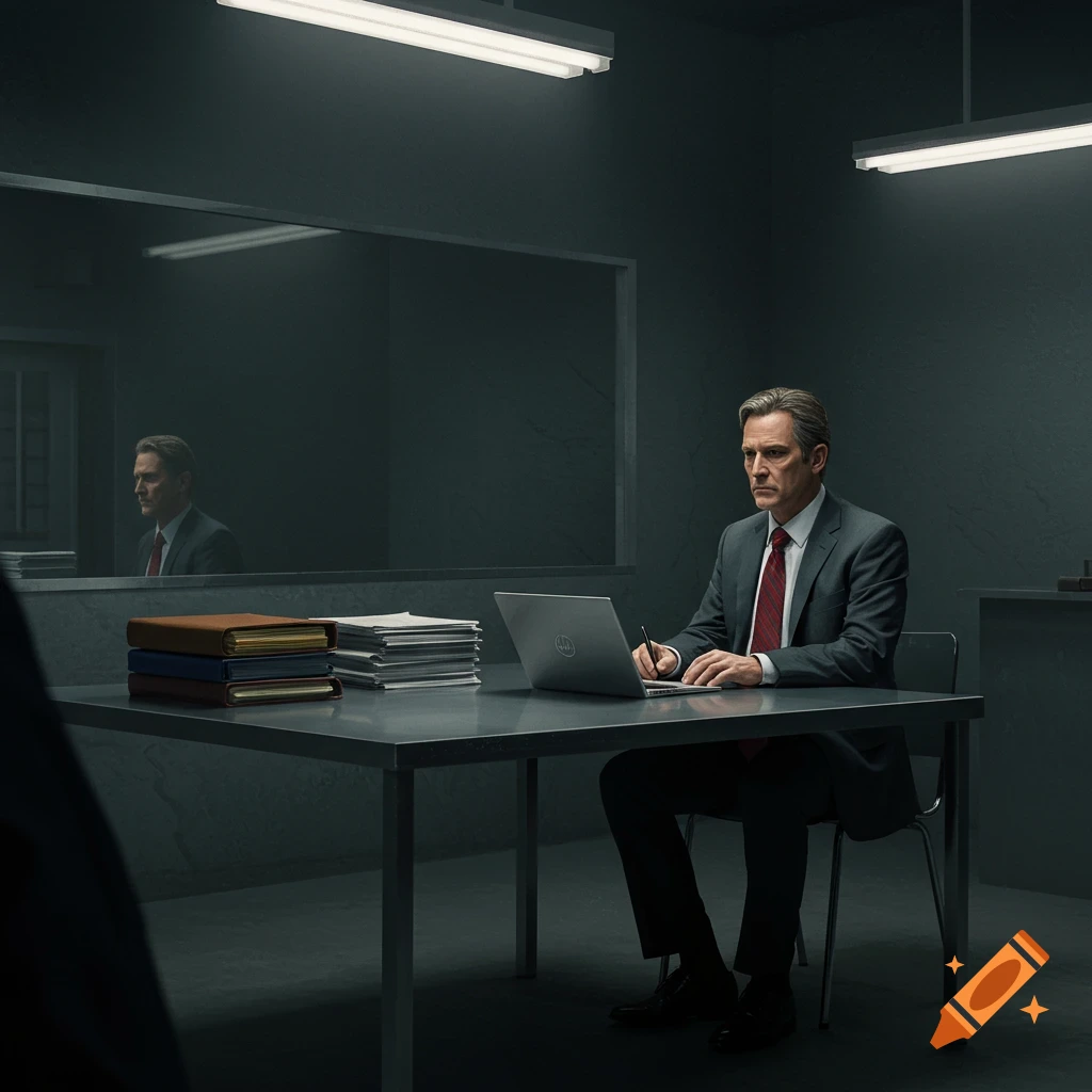 A serious man in a suit sits at a desk with a laptop and papers in a dark room with a one-way mirror, writing.