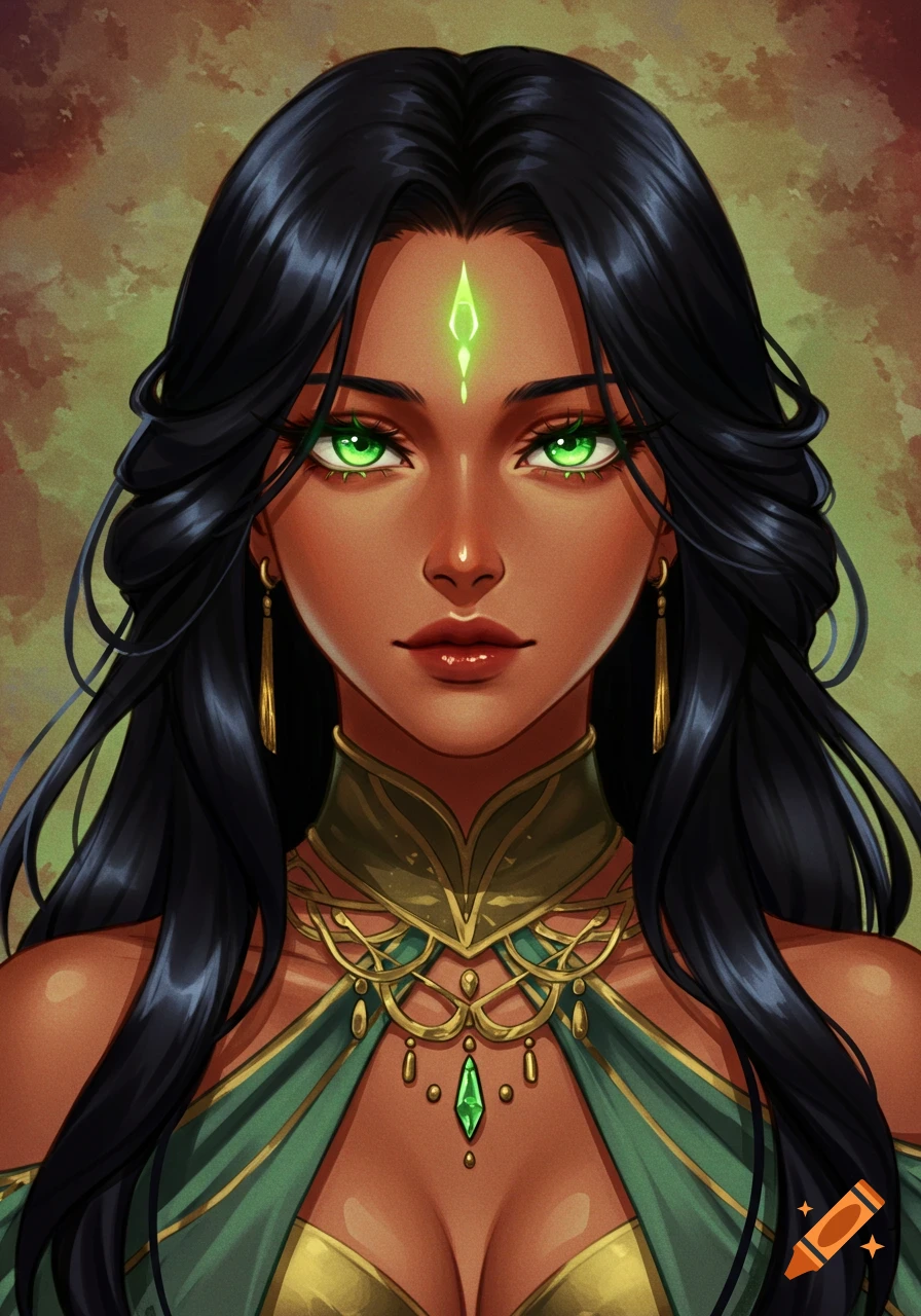 Anime drawing of a tan-skinned woman with long black hair, green eyes, and a glowing green forehead gem, wearing ornate gold and green clothing.
