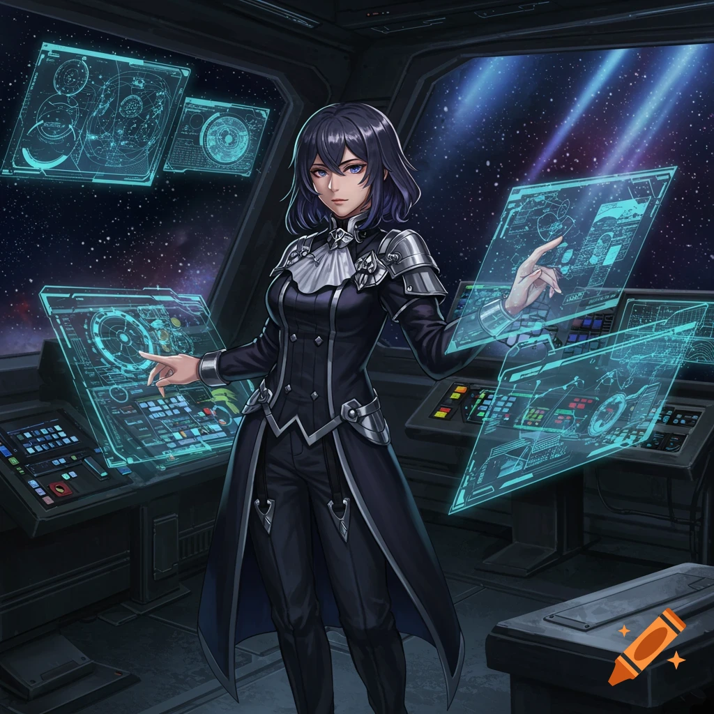 Anime-style woman in a dark uniform interacting with holographic screens on a spaceship bridge, stars in background.