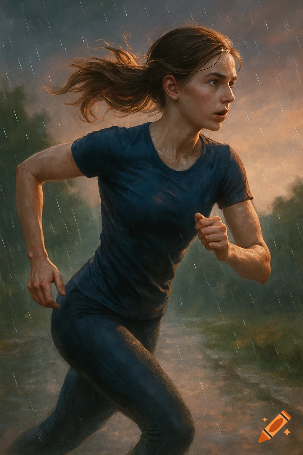 A determined young woman with a ponytail runs in the rain on a path, with a dramatic, painterly and photorealistic style.